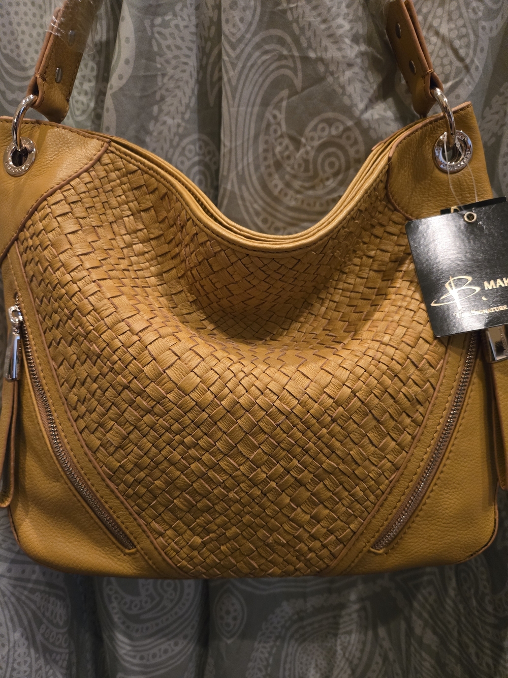 🌻Bruce Makowsky Woven-front SOFT LEATHER Hobo Shoulder Bag - Mustard. NWT